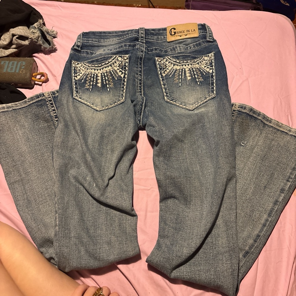 Grace in LA Women's Light Blue Flare Jeans with White Embellishments